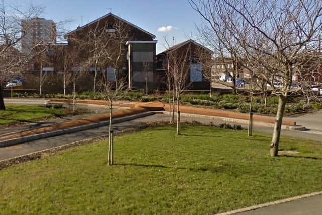 The pick axe-shaped miners' memorial in Jarrow in 2008. Picture c/o Google Streetview.