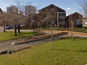 The pick axe-shaped miners' memorial in Jarrow in 2008. Picture c/o Google Streetview.