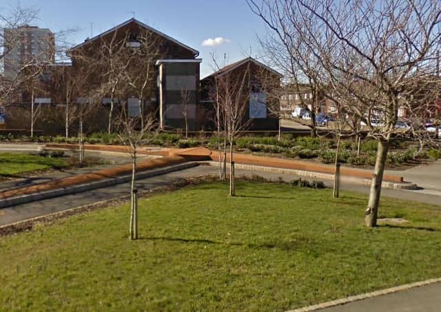 The pick axe-shaped miners' memorial in Jarrow in 2008. Picture c/o Google Streetview.