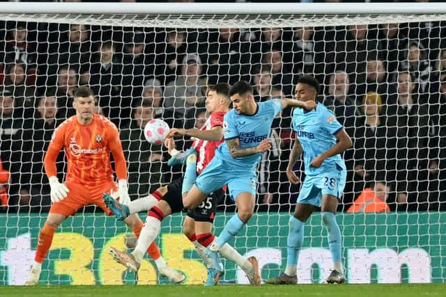 Bruno Guimaraes of Newcastle United scores their sides second goal of the game during the Premier League match between Southampton and Newcastle United at St Mary's Stadium on March 10, 2022 in Southampton, England.  (Photo by Dan Mullan/Getty Images)