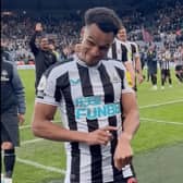 Jacob Murphy makes a 'watch pointing' gesture following Newcastle United's 2-0 win over Manchester United (photo: NUFC)