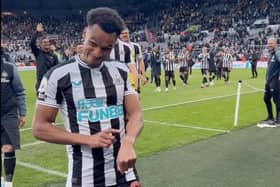 Jacob Murphy makes a 'watch pointing' gesture following Newcastle United's 2-0 win over Manchester United (photo: NUFC)