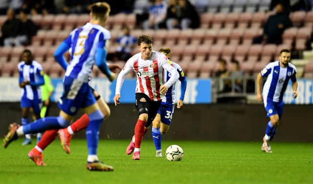 Nathan Broadhead playing for Sunderland against Wigan in the Carabao Cup.