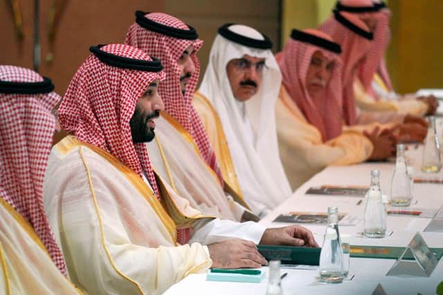 Saudi Arabia's Crown Prince Mohammed bin Salman (2nd L) speaks during a meeting with Japanese Prime Minister Shinzo Abe (not in picture) in Osaka on June 30, 2019. (Photo by Eugene Hoshiko / POOL / AFP) (Photo credit should read EUGENE HOSHIKO/AFP via Getty Images)