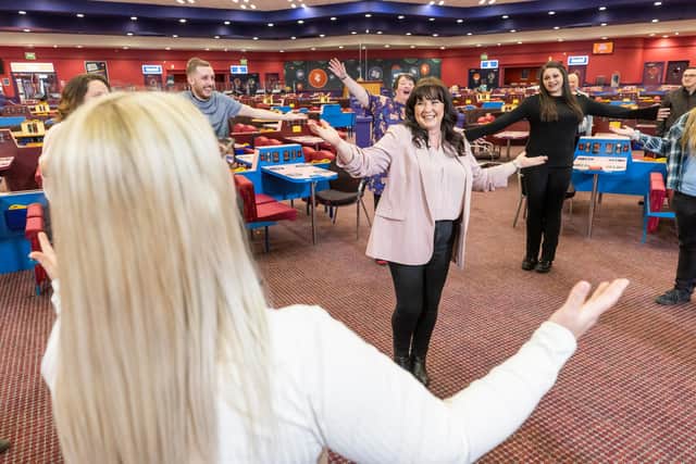 Coleen Nolan teaches bingo callers how to project their voices using singing techniques at Buzz Bingo, ahead of the clubs re-opening on May 17 following the easing of coronavirus restrictions. Fabio De Paola/PA Wire