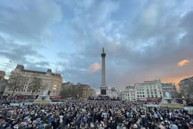 Newcastle United fans gather in Trafalgar Square, London, last night ahead of the of the Carabao Cup final.