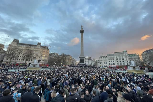 Newcastle United fans gather in Trafalgar Square, London, last night ahead of the of the Carabao Cup final.