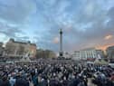 Newcastle United fans gather in Trafalgar Square, London, last night ahead of the of the Carabao Cup final.