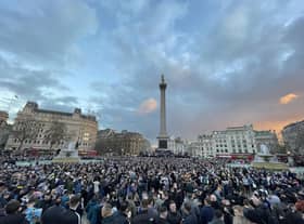 Newcastle United fans gather in Trafalgar Square, London, last night ahead of the of the Carabao Cup final.
