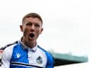 Elliot Anderson of Bristol Rovers celebrates their sides seventh goal during the Sky Bet League Two match between Bristol Rovers and Scunthorpe United at Memorial Stadium on May 07, 2022 in Bristol, England. (Photo by Harry Trump/Getty Images)