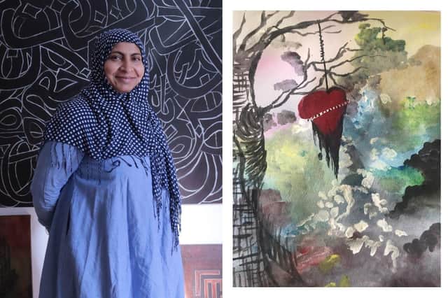 Roohia Syed-Ahmed with some of her work (left) and (right) artwork produced by Parvin Abdur for the Srijoni project