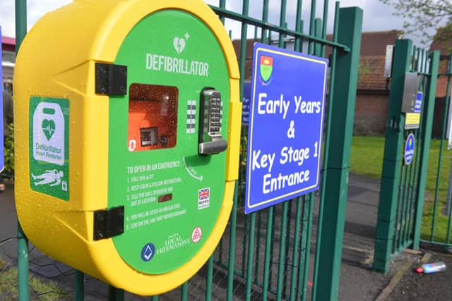 The new defibrillator will serve the school and the local community.