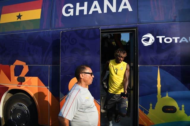 Christian Atsu arrives for a Ghana training session in 2019.