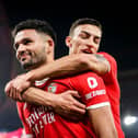 Benfica's Portuguese forward Goncalo Ramos (L) celebrates with Benfica's Croatian forward Petar Musa after scoring his team's second goal during the Portuguese League football match between SL Benfica and FC Famalicao, at the Luz stadium in Lisbon on March 3, 2023. (Photo by CARLOS COSTA / AFP) (Photo by CARLOS COSTA/AFP via Getty Images)