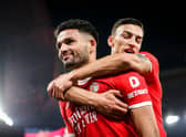 Benfica's Portuguese forward Goncalo Ramos (L) celebrates with Benfica's Croatian forward Petar Musa after scoring his team's second goal during the Portuguese League football match between SL Benfica and FC Famalicao, at the Luz stadium in Lisbon on March 3, 2023. (Photo by CARLOS COSTA / AFP) (Photo by CARLOS COSTA/AFP via Getty Images)