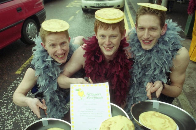 The annual pancake race in the Asda car park in Washington. A team from Asda was up against rivals from Savacentre and Washington Police.