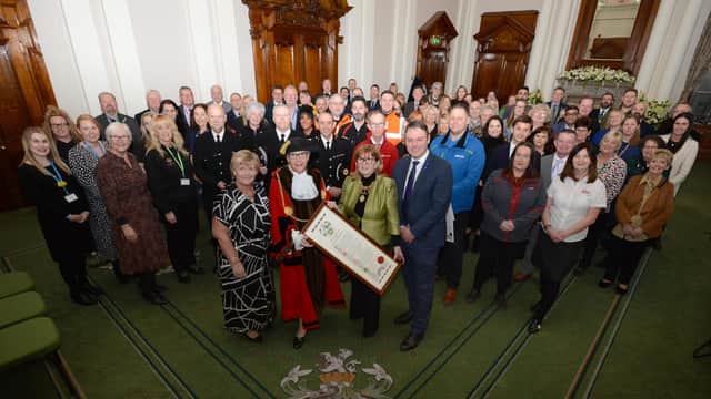 South Tyneside Council keyworkers receive the Freedom of the Borough - Mayor Cllr Pat Hay, Mayoress Jean Copp, Leader Cllr Tracey Dixon, and Chief Executive Jonathan Tew - at South Shields Town Hall.