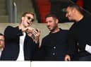 SUNDERLAND, ENGLAND - JULY 31: Sunderland chairman Kyril Louis-Dreyfus (l) shares a joke during the Sky Bet Championship between Sunderland and Coventry City at Stadium of Light on July 31, 2022 in Sunderland, England. (Photo by Stu Forster/Getty Images)