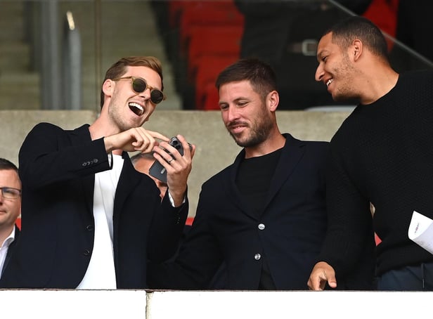 SUNDERLAND, ENGLAND - JULY 31: Sunderland chairman Kyril Louis-Dreyfus (l) shares a joke during the Sky Bet Championship between Sunderland and Coventry City at Stadium of Light on July 31, 2022 in Sunderland, England. (Photo by Stu Forster/Getty Images)