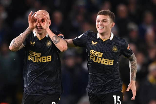 Jonjo Shelvey celebrates his goal with Kieran Trippier.