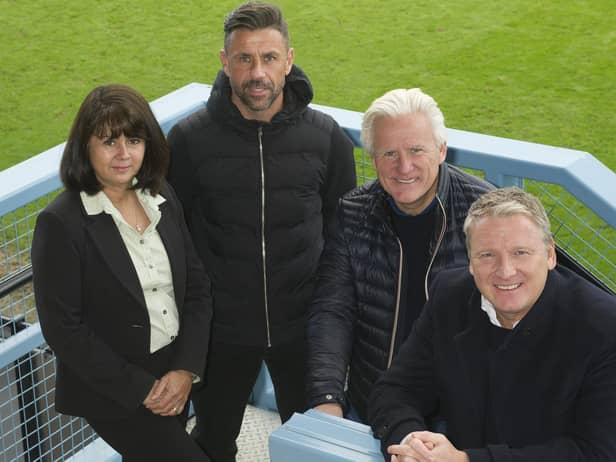 New partners, from left, Angela Mackay, of Unifi, Mariners manager Kevin Phillips, club chairman Geoff Thompson and Peter Joynson, of Synergi.