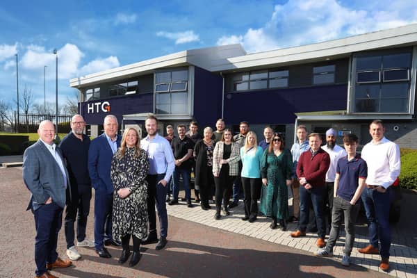 (L-R) George Galloway, Sales and Marketing Director;  Alan McBurney, Technical Director;  Kevin Howell, CEO;  Sarah Howell, Finance Director;  Niall Quinn, Operations Director; with the HTG team.