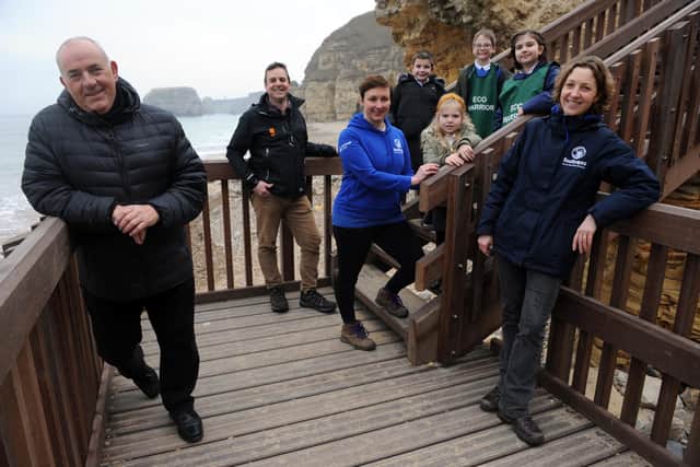 South Tyneside Council Cllr Ernest Gibson, with The National Trust's Eric Walton, Seascapes Karen Daglish, and Durham Wildlife Trust's Dorinda Kealoha, and pupils from Seaview Primary School, at the newly installed Marsden Bay steps.