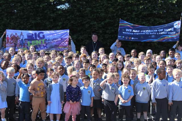 St. Bede’s Catholic Primary School, South Shields pupils pictured on their Lent Walk with Bishop Stephen.