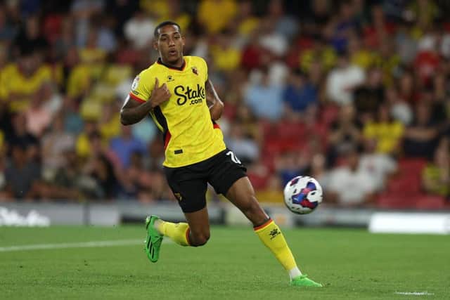 Joao Pedro of Watford in action during the Sky Bet Championship between Watford and Burnley at Vicarage Road on August 12, 2022 in Watford, England. (Photo by Richard Heathcote/Getty Images)