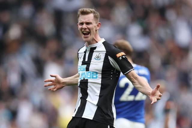 Emil Krafth of Newcastle United celebrates after victory in the Premier League match between Newcastle United and Leicester City at St. James Park on April 17, 2022 in Newcastle upon Tyne, England. (Photo by George Wood/Getty Images)