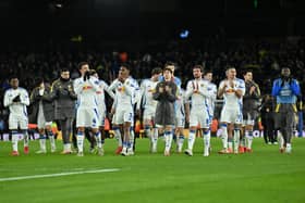LEEDS UNITED: The home players celebrate together after beating Sunderland 2-1 at Elland Road (Image: Bruce Rollinson)
