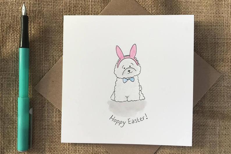 ChasingColaCards sells handmade cards featuring dogs of all shapes and sizes! Here is an adorable Easter card.
