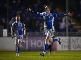 Elliot Anderson celebrates scoring for Bristol Rovers earlier this month.