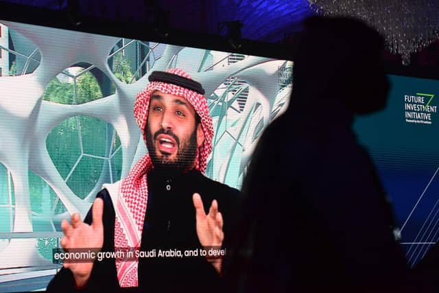 Saudi Crown Prince Mohammed bin Salman speaks during the Future Investment Initiative (FII) conference in a virtual session in the capital Riyadh, on January 28, 2021. - Salman said today that the kingdom will sell more shares of energy giant Aramco in the coming years, following the world's biggest public listing in 2019. (Photo by Fayez Nureldine / AFP) (Photo by FAYEZ NURELDINE/AFP via Getty Images)