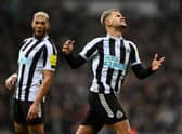Bruno Guimarães and Joelinton of Newcastle United during the Carabao Cup Semi Final 2nd Leg match between Newcastle United and Southampton at St James' Park on January 31, 2023 in Newcastle upon Tyne, England. (Photo by Gareth Copley/Getty Images)