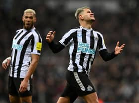 Bruno Guimarães and Joelinton of Newcastle United during the Carabao Cup Semi Final 2nd Leg match between Newcastle United and Southampton at St James' Park on January 31, 2023 in Newcastle upon Tyne, England. (Photo by Gareth Copley/Getty Images)