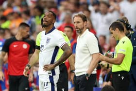 Ivan Toney (left) about to come on for England against Slovakia. (Photo by Richard Pelham/Getty Images).