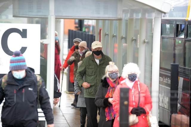First day of mandatory face coverings at Jarrow bus station.