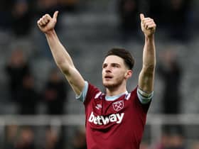 NEWCASTLE UPON TYNE, ENGLAND - FEBRUARY 04: Declan Rice of West Ham United gives a thumbs up to the fans after the Premier League match between Newcastle United and West Ham United at St. James Park on February 04, 2023 in Newcastle upon Tyne, England. (Photo by Ian MacNicol/Getty Images)