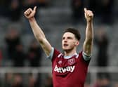NEWCASTLE UPON TYNE, ENGLAND - FEBRUARY 04: Declan Rice of West Ham United gives a thumbs up to the fans after the Premier League match between Newcastle United and West Ham United at St. James Park on February 04, 2023 in Newcastle upon Tyne, England. (Photo by Ian MacNicol/Getty Images)