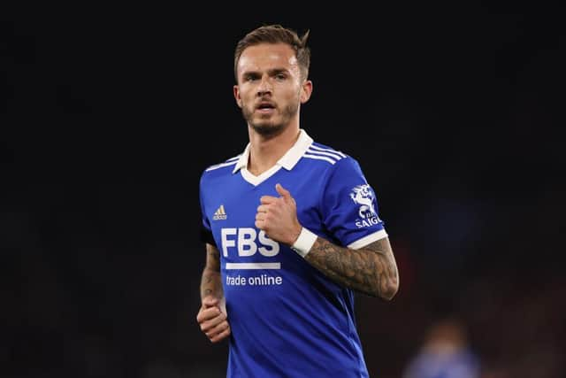 James Maddison of Leicester during the Premier League match between Leicester City and Nottingham Forest at The King Power Stadium on October 03, 2022 in Leicester, England. (Photo by Nathan Stirk/Getty Images)