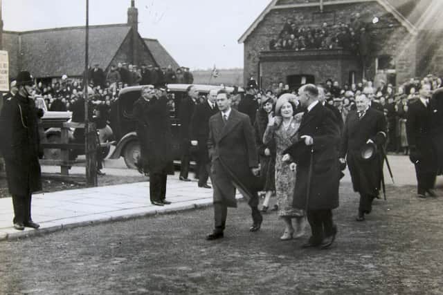 King George VI and Queen Elizabeth visit the new trading estate at St Helen Auckland, February 1939. Col Robert Chapman is on the Queen’s right.