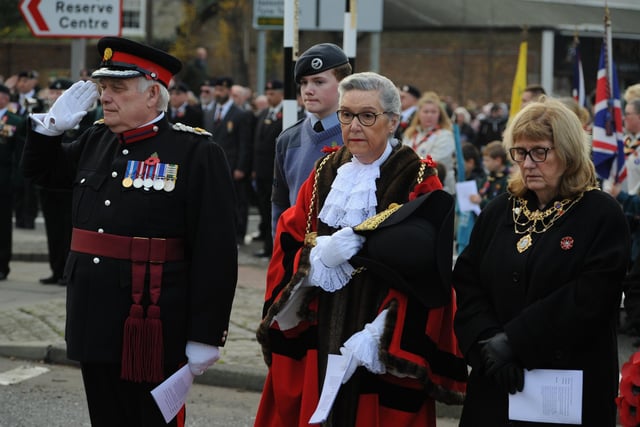 Remembrance Sunday Parade and Service at Westoe Cenotaph, South Shields, with the Mayor of South Tyneside Coun Pat Hay, Deputy Lord Lieutenant Tyne and Wear Wing Commander David L Harris.