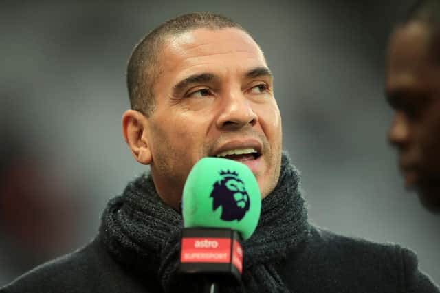 LONDON, ENGLAND - JANUARY 12:  Stan Collymore speaks to media prior to the Premier League match between West Ham United and Arsenal FC at London Stadium on January 12, 2019 in London, United Kingdom.  (Photo by Marc Atkins/Getty Images)
