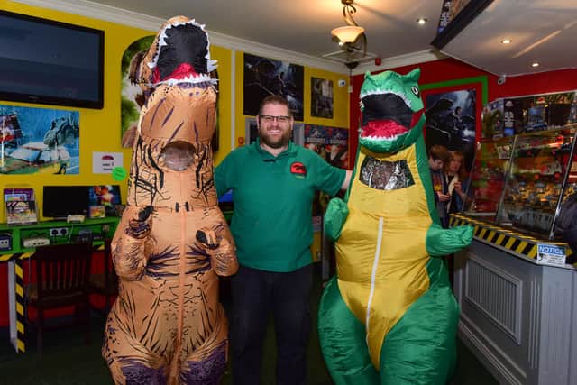 Andrew Garthwaite at the opening of his dinosaur shop, Rexy's Reviews the Dino Den in South Shields.