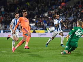 HUDDERSFIELD, ENGLAND - FEBRUARY 12: Jacob Murphy of Cardiff City scores his sides first goal during the Sky Bet Championship match between Huddersfield Town and Cardiff City at John Smith's Stadium on February 12, 2020 in Huddersfield, England. (Photo by George Wood/Getty Images)
