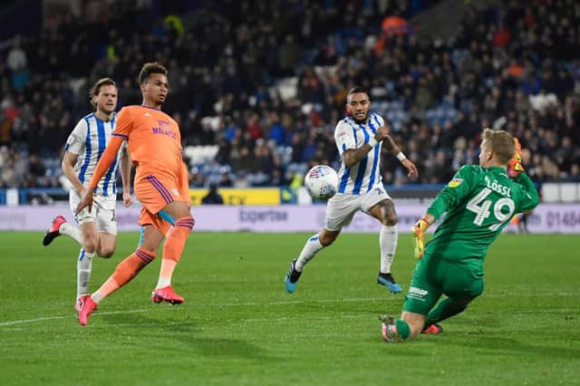HUDDERSFIELD, ENGLAND - FEBRUARY 12: Jacob Murphy of Cardiff City scores his sides first goal during the Sky Bet Championship match between Huddersfield Town and Cardiff City at John Smith's Stadium on February 12, 2020 in Huddersfield, England. (Photo by George Wood/Getty Images)
