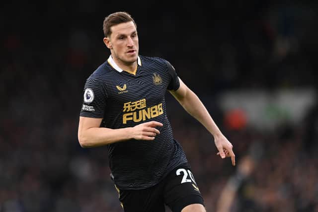 LEEDS, ENGLAND - JANUARY 22:  Chris Wood of Newcastle in action during the Premier League match between Leeds United  and  Newcastle United at Elland Road on January 22, 2022 in Leeds, England. (Photo by Stu Forster/Getty Images)