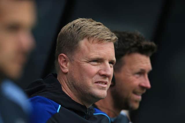 Newcastle United's English head coach Eddie Howe reacts during a club friendly football match between Newcastle United and Athletic Club at St James' Park in Newcastle-upon-Tyne, northeast England, on July 30, 2022. (Photo by LINDSEY PARNABY/AFP via Getty Images)