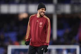 Pierre-Emerick Aubameyang of Arsenal reacts during the warm up prior to the Premier League match between Everton and Arsenal at Goodison Park on December 06, 2021 in Liverpool, England. (Photo by Naomi Baker/Getty Images)